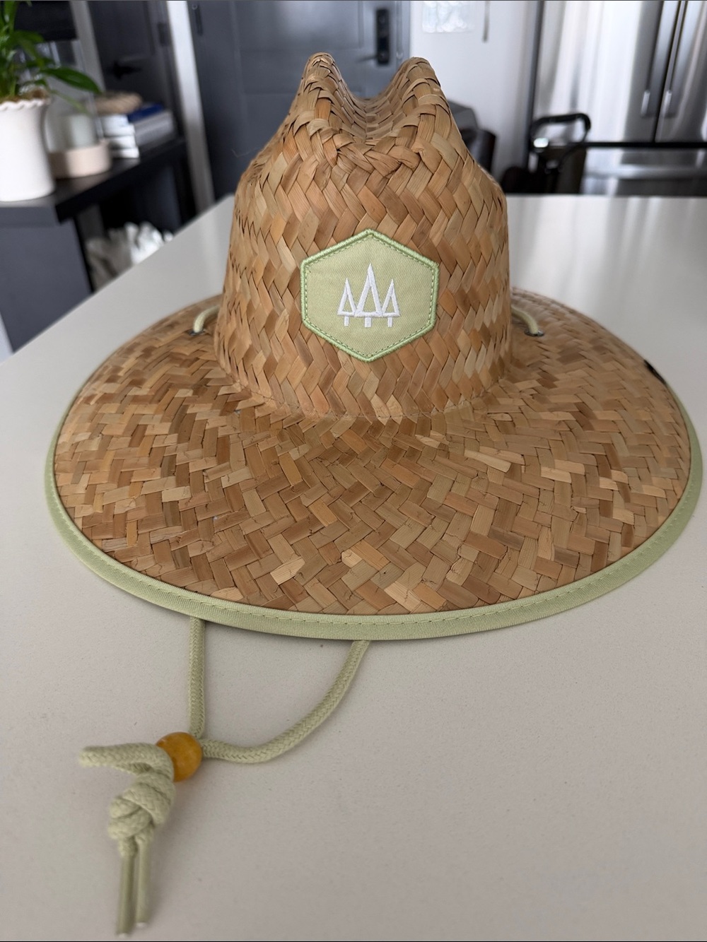 Woven Straw Sun Hat with Light Green Trim and Chin Cord